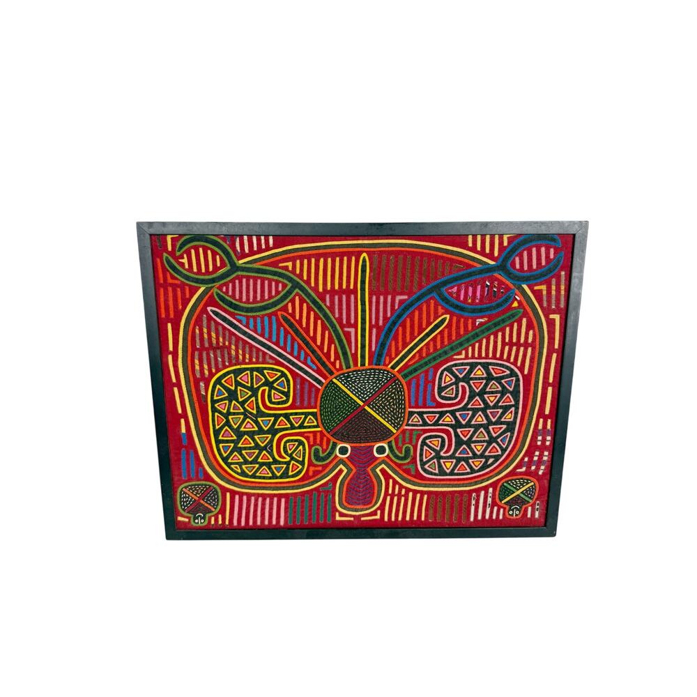 Vintage Framed Mola Textile Art Kuna Panama Folk Art Red Applique 18" x 14.5"